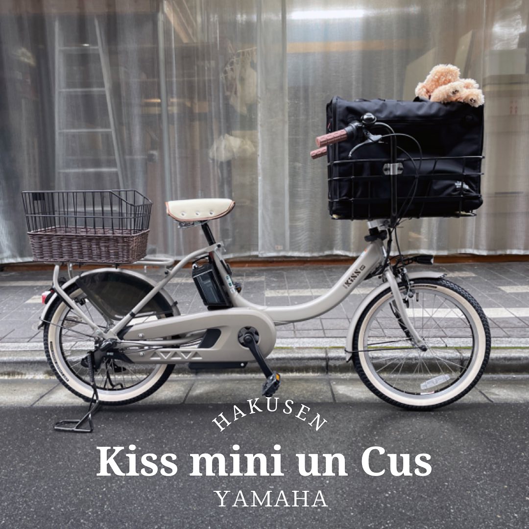 YAMAHA PAS KISS ハクセン実車施工事例3 2023-11-19 ペット乗せカスタム/N.アイボリーサイドタイヤ/チョコグリップ(ブラウン)/テリーベージュサドル/ハーフラタンリアバスケット/マンダリンブラザーズバッグ